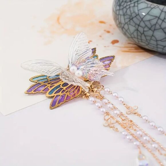 New - Iridescent Gold Pearl and Colorful Butterfly Hair Clip - Picture 3 of 6